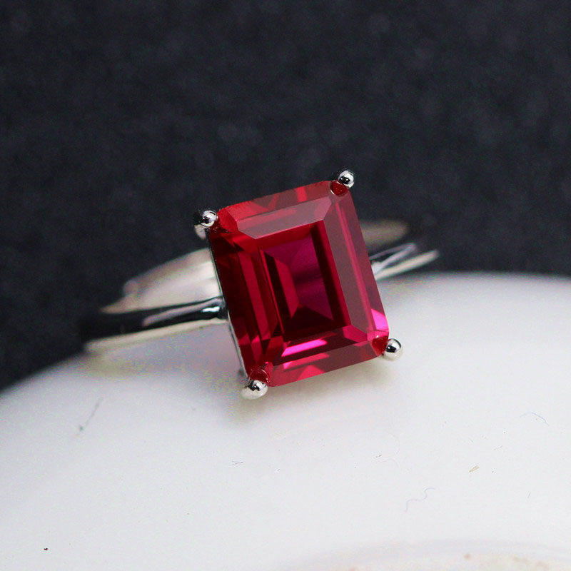 简约红宝石戒指长方形女戒纯银镶嵌彩色宝石时尚手饰