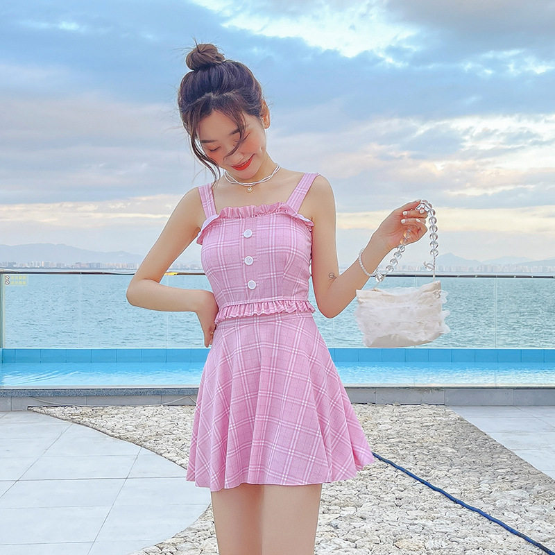 连体泳衣女显瘦遮保守胸垫裙式平角小清新少女连体泳衣