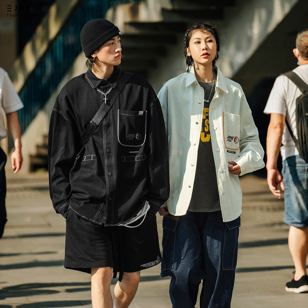 净化眼球原创撞色工装衬衫男士宽松长袖休闲刺绣白色衬衣夹克外套