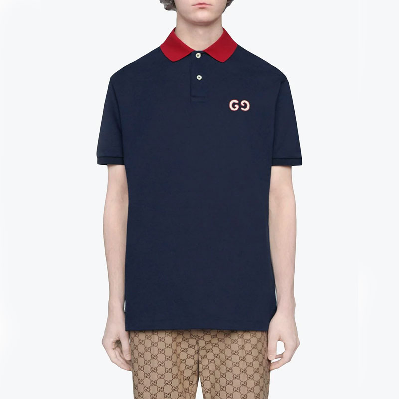 gucci古奇新款男士蓝色gglogo刺绣拼色短袖polo衫