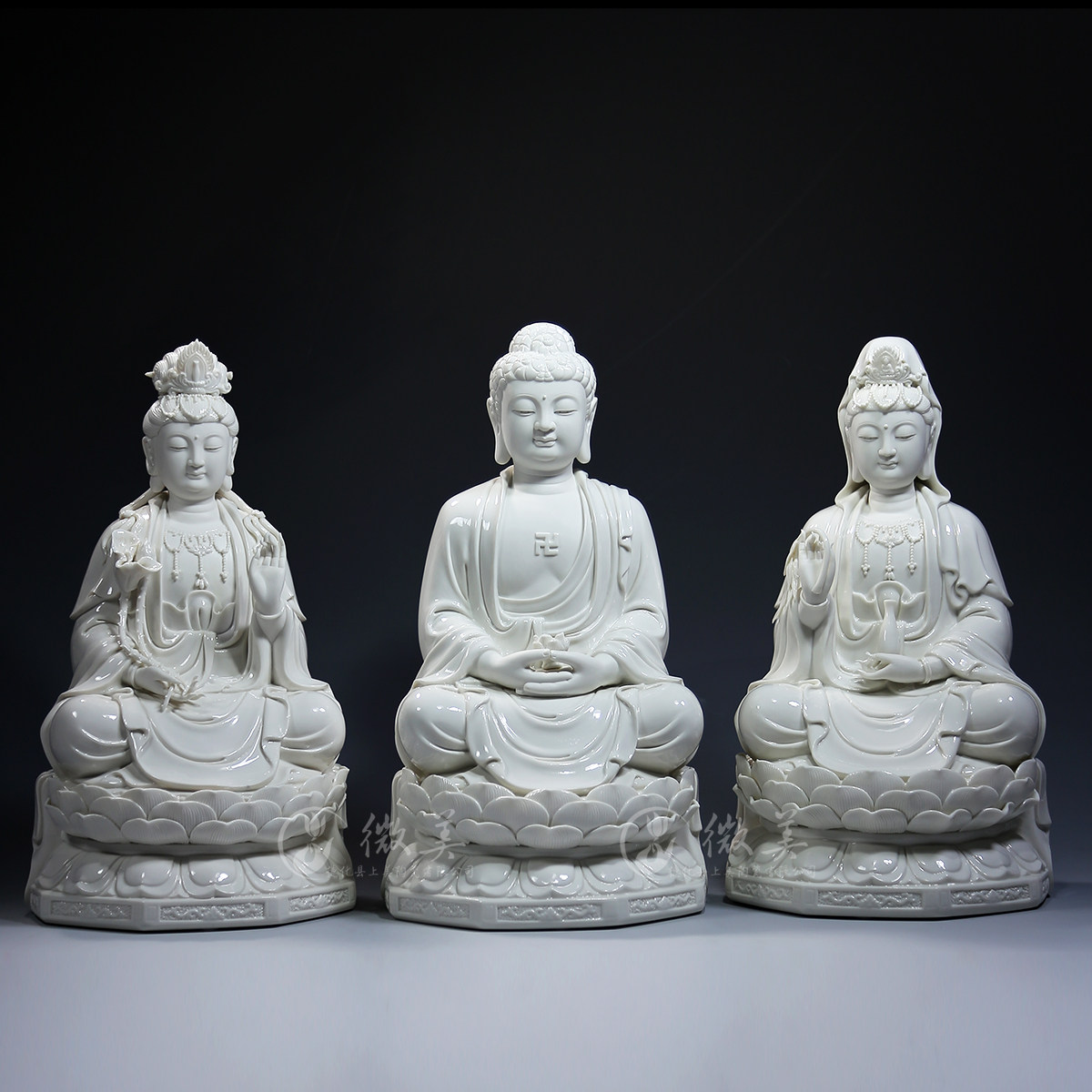 德化陶瓷12至24吋西方三圣摆件供奉佛像观音菩萨三宝佛如来佛坐像