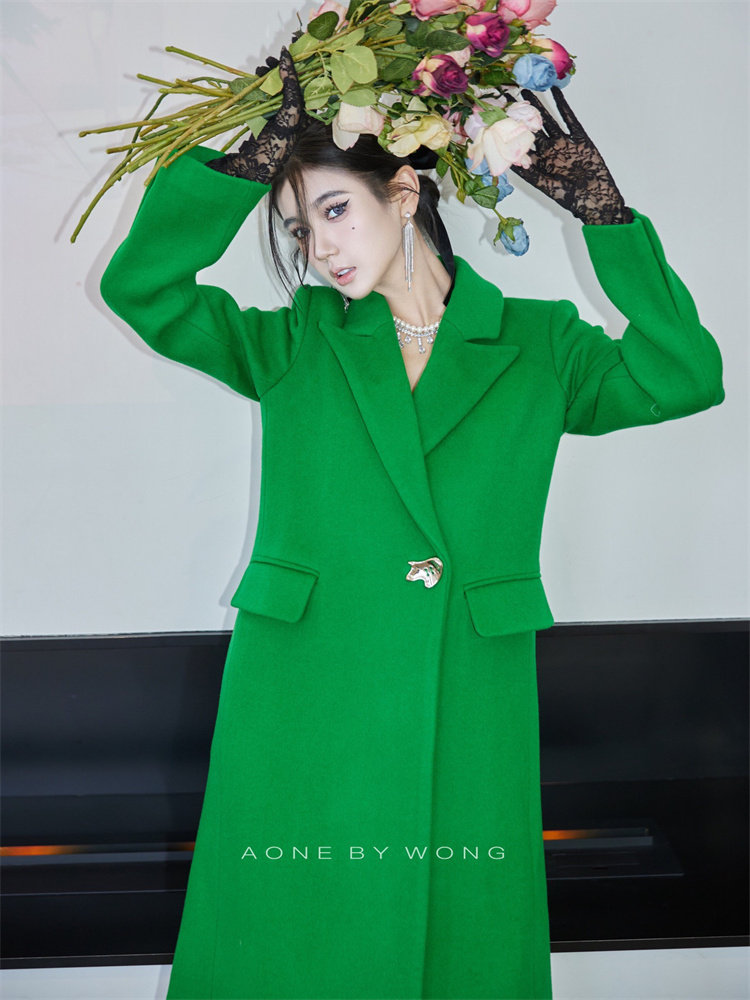aonebywong经典时髦经时髦大衣羊绒长款绿色官方白绿色毛呢外套