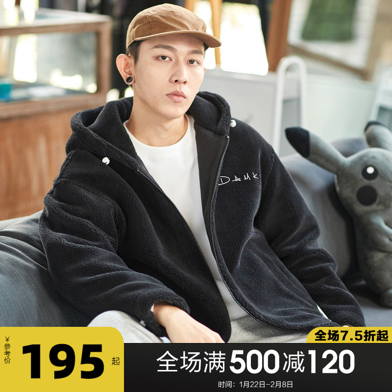 唐狮2021仿羊羔绒外套男秋冬刺绣连帽棉服加厚抓绒羊羔毛棉袄潮