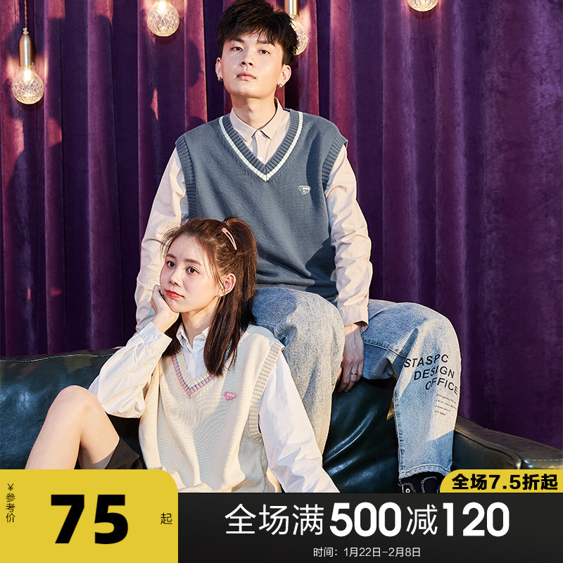 唐狮2021春秋新款情侣装毛衣背心马甲男女学院风V领外搭宽松学生