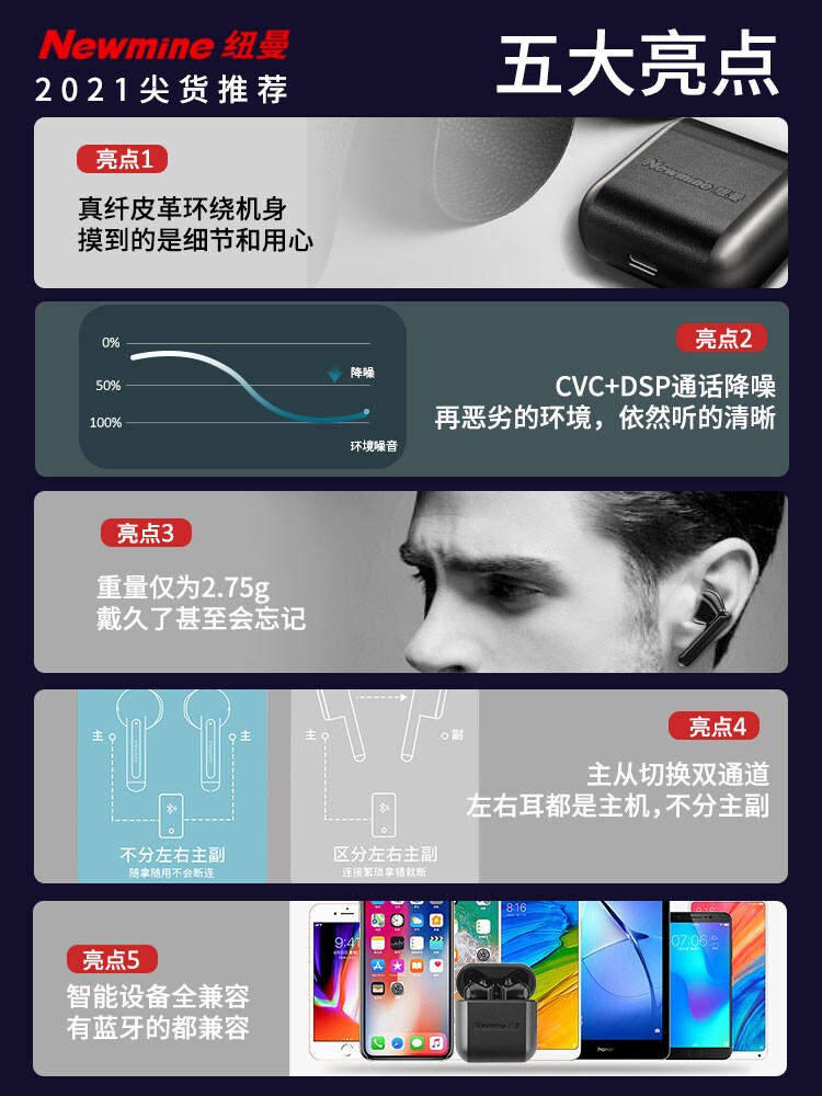 纽曼x3蓝牙耳机无线双耳苹果华为安卓通用可爱蓝牙耳机