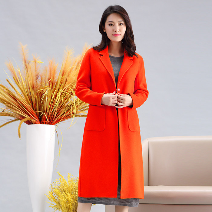 声雨竹女装专柜秋冬中长款直筒通勤纯色长袖西装毛呢外套