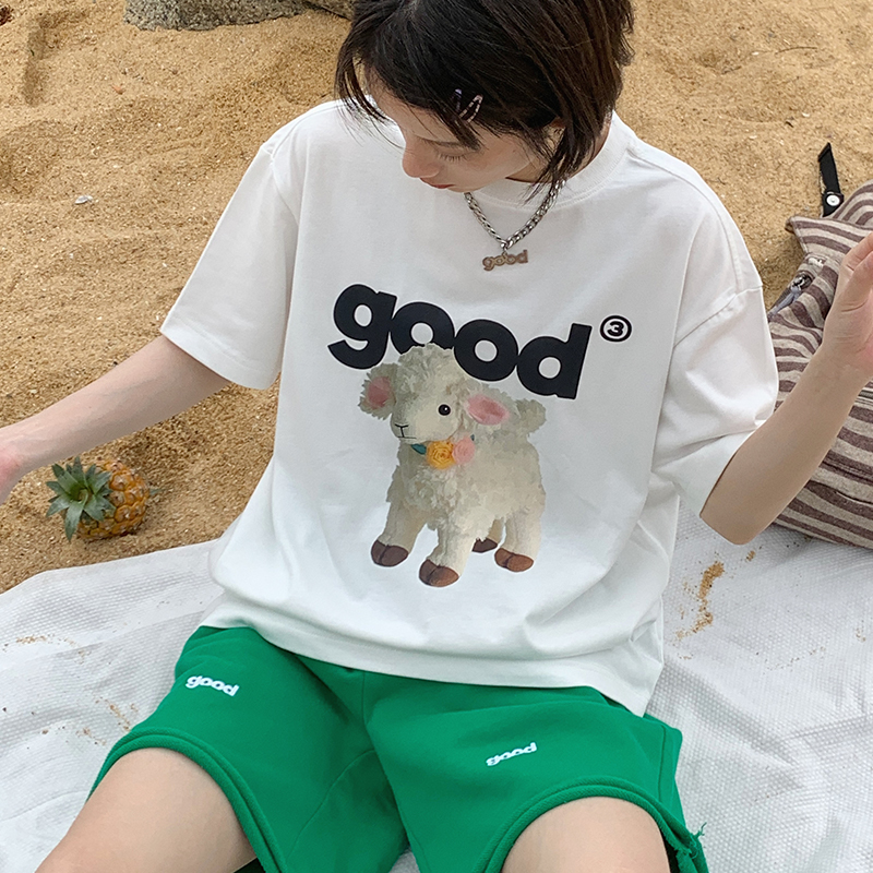 美好商店MeihaoStore春夏白色休闲原创圆领印花小羊羔good短袖T恤