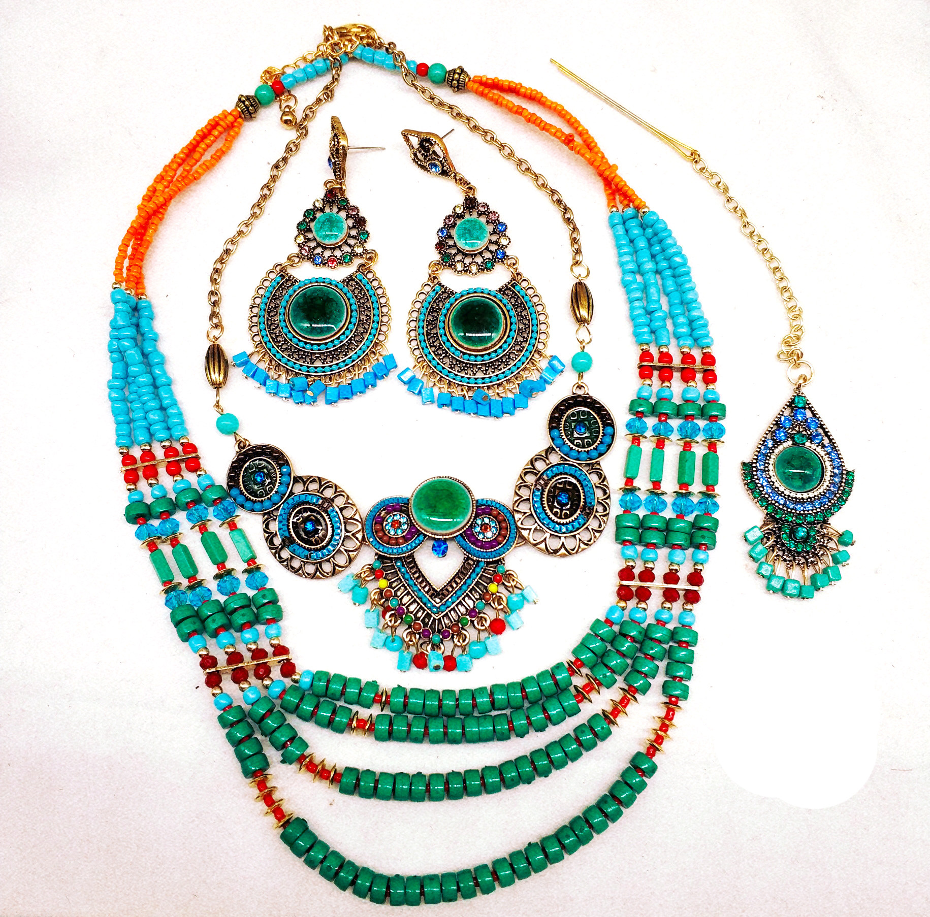 印度藏族项链多层复古头饰波西米亚串珠锁骨夸张项链