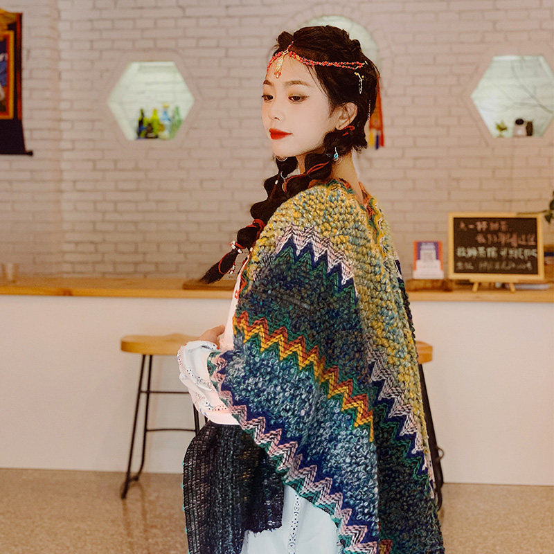 新疆西藏丽江旅游拍照披肩民族风旅行保暖针织斗篷围巾