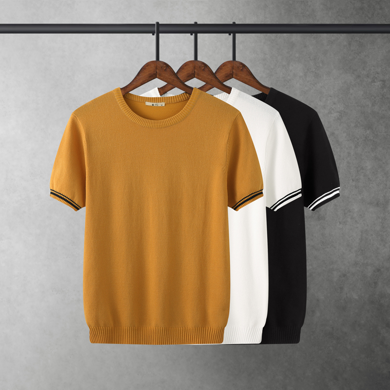 夏季男士冰丝针织t恤薄款圆领修身短袖毛t拼色紧身半袖潮流体桖衫