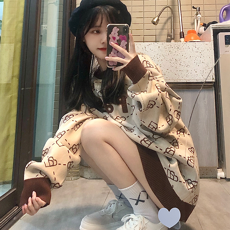 PASET潮牌纯棉可爱慵懒粉色爱心花毛衣情侣款休闲针织衫圆领宽松