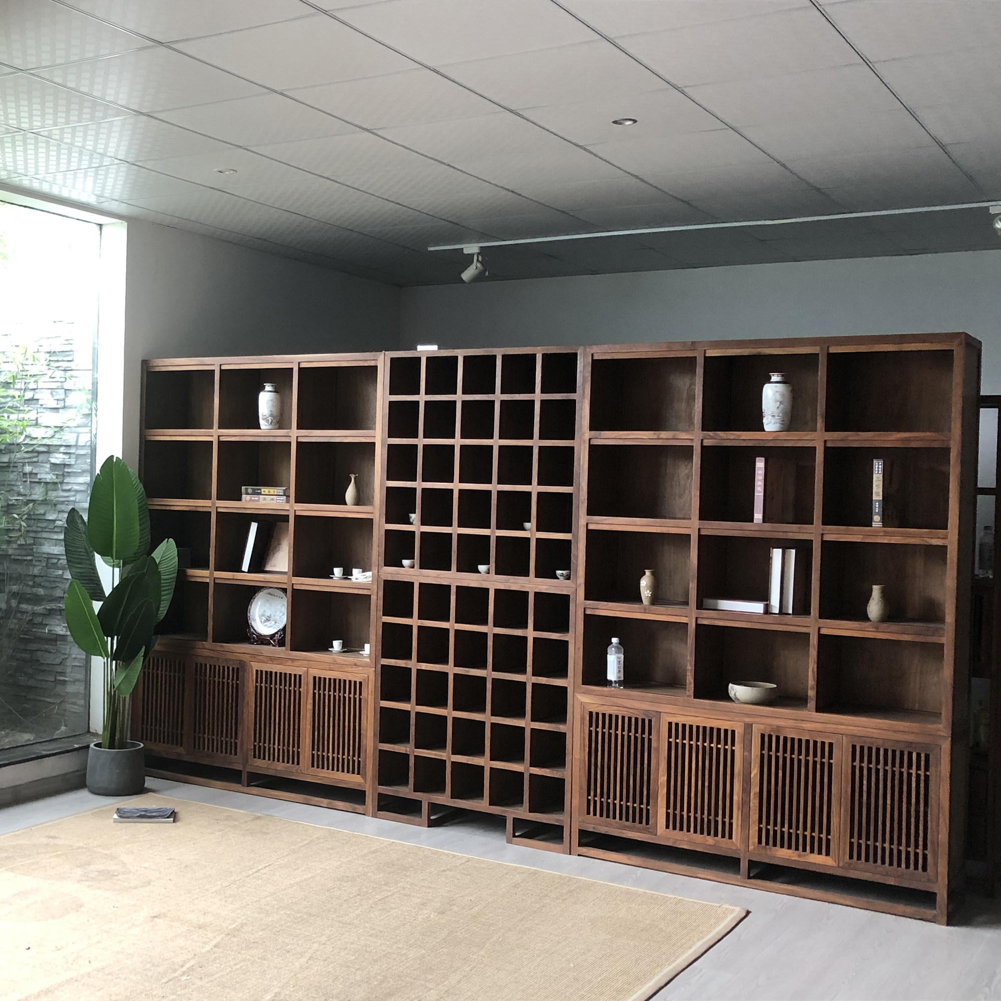 榆木茶叶实木胡桃木展柜书架禅意组合组合书柜