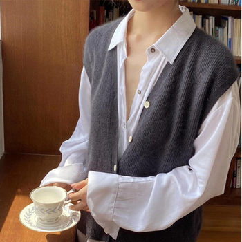 Cashmere Vest Vest Knitted Cardigan ຂອງແມ່ຍິງ V-neck Loose Japanese Style Spring and Autumn Stacking Wool Waistcoat Vest Outerwear