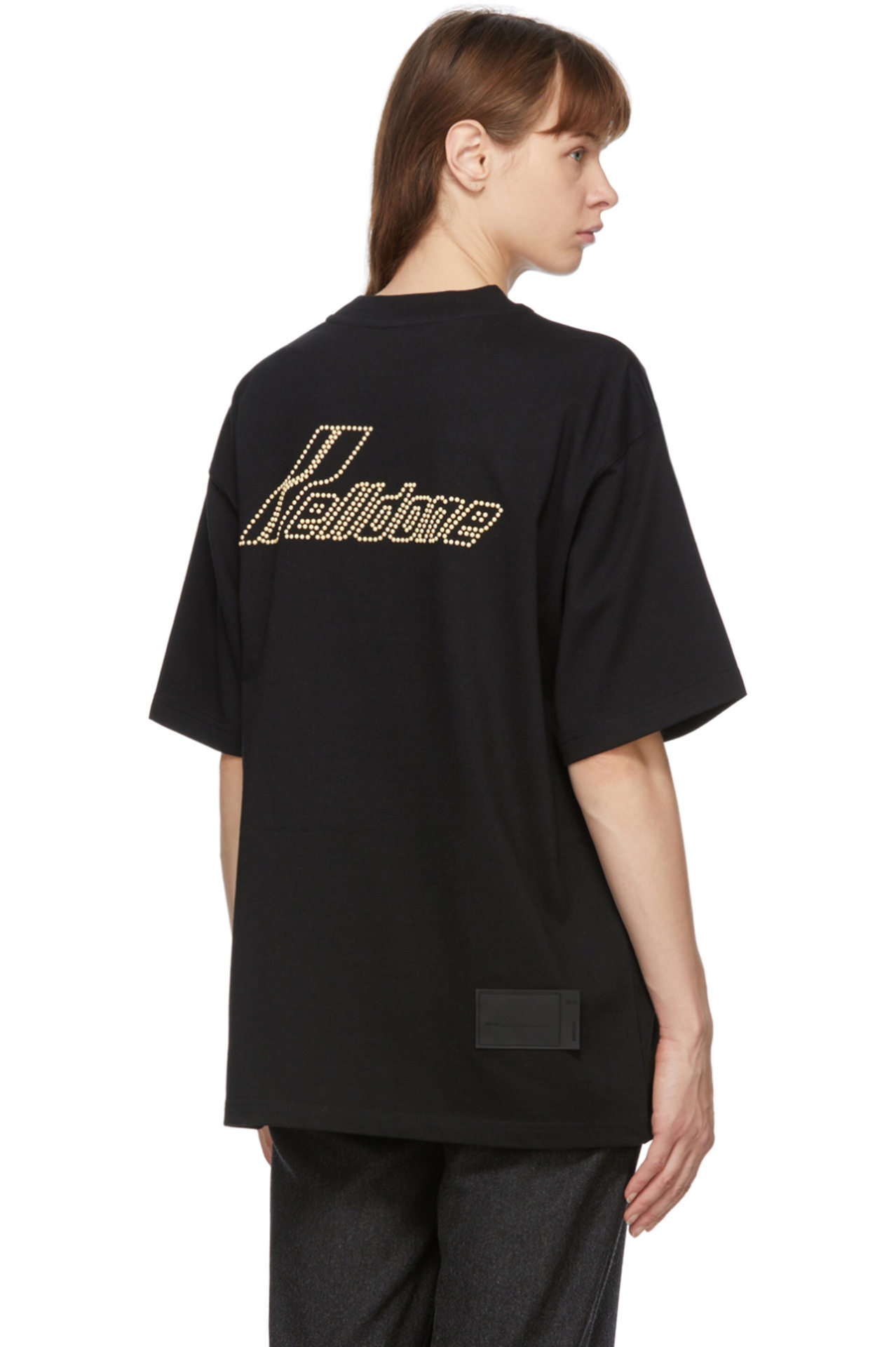 we11潮牌黑色短袖done烫钻珍珠字母圆领welldonet恤
