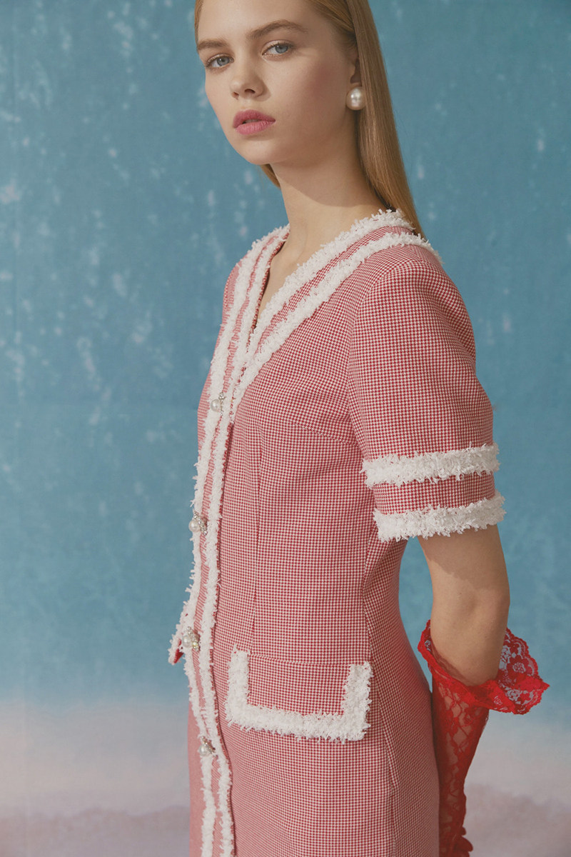 秒发romanchic2020春夏韩国代购复古领格花边短袖连衣裙