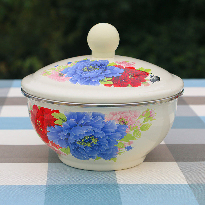 沙拉碗面汤碗面家用带盖猪油瑕疵加厚瓷碗搪瓷碗