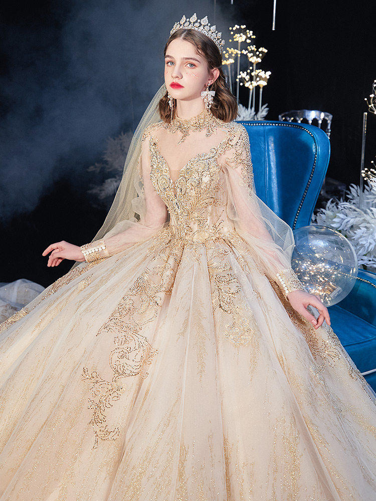 高定轻奢金色宫廷风长袖高领婚纱主纱出租赁2022新款高端重工奢华