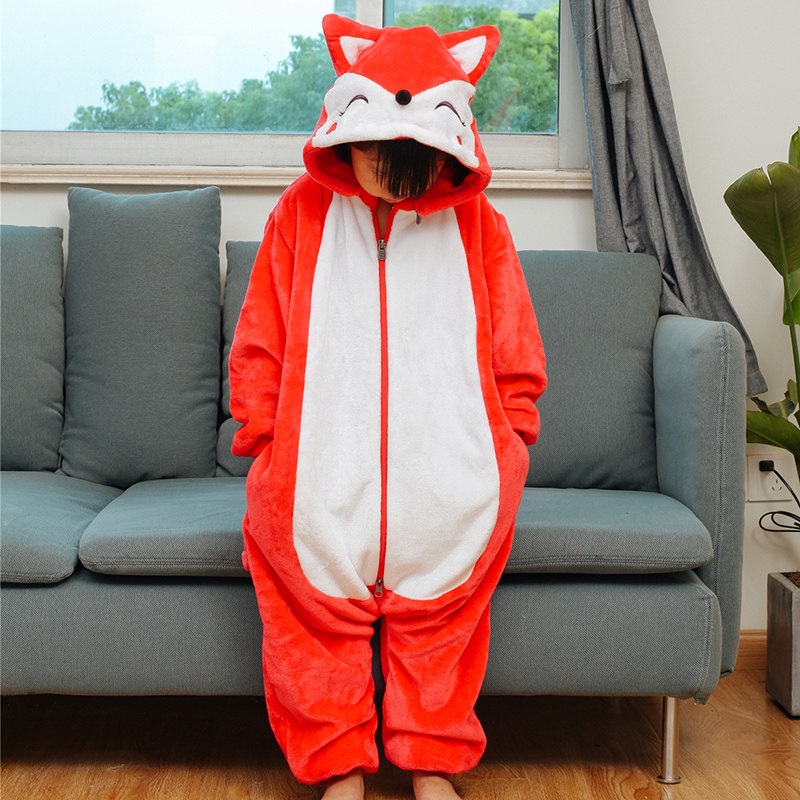 睡衣儿童卡通动物狐狸连体男孩女童加厚法兰绒家居服连体衣