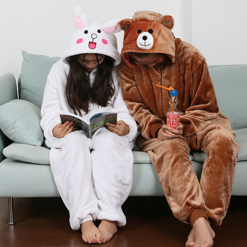 卡通动物动漫小熊连体睡衣男女情侣秋冬款可爱加厚法兰绒家居服