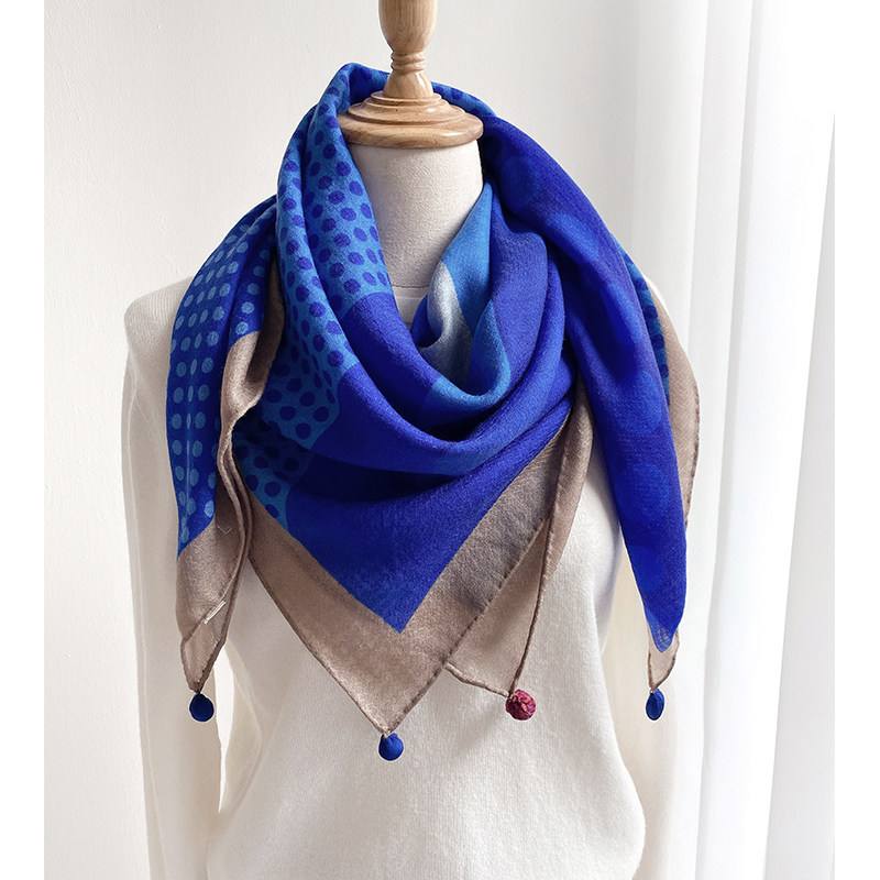 克莱因蓝羊毛围巾大方巾女2021新款秋冬季100纯羊绒高端丝巾蓝色