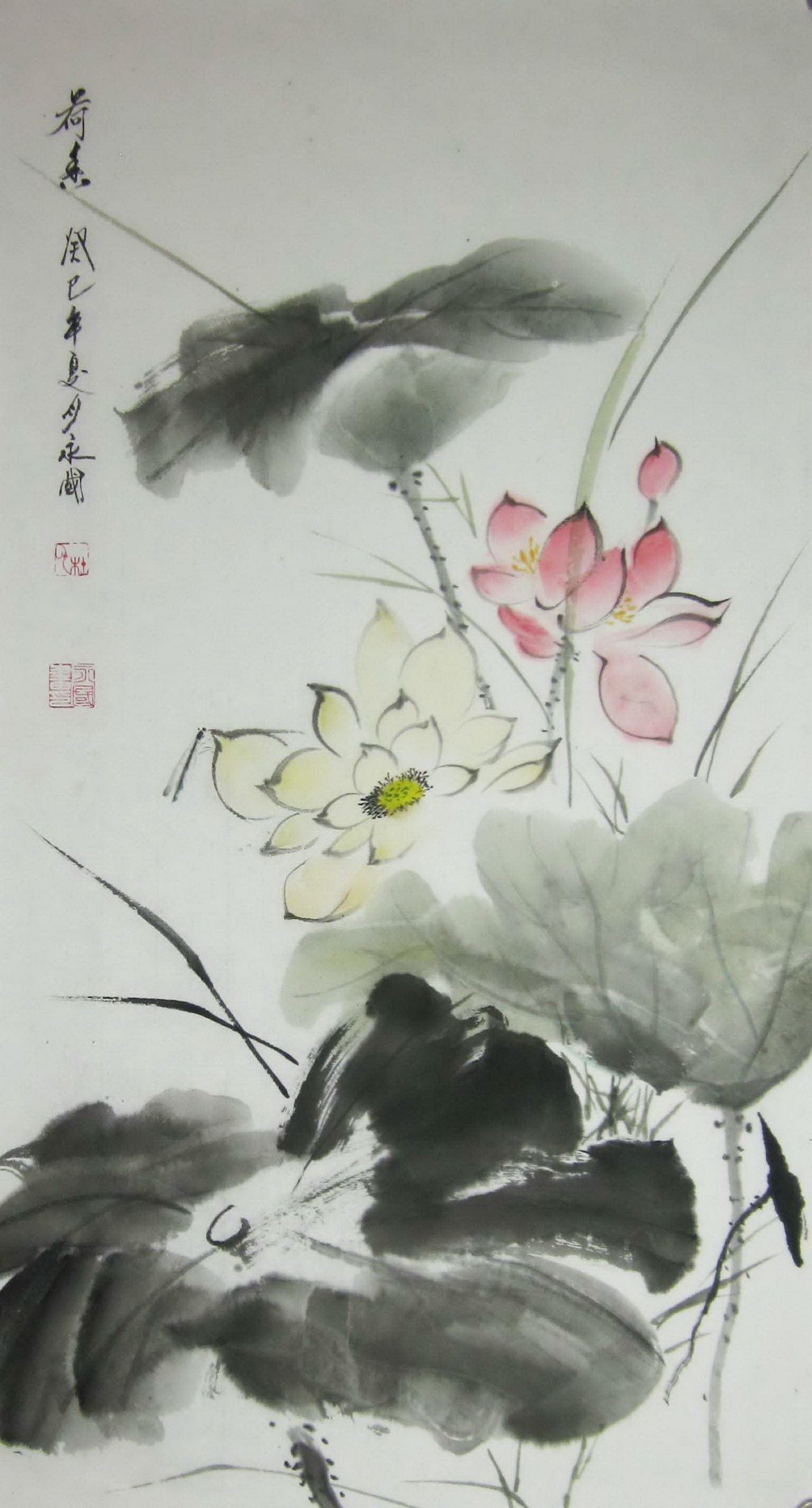 定制小幅卷轴挂画手绘国画画王雪涛风格荷花国画