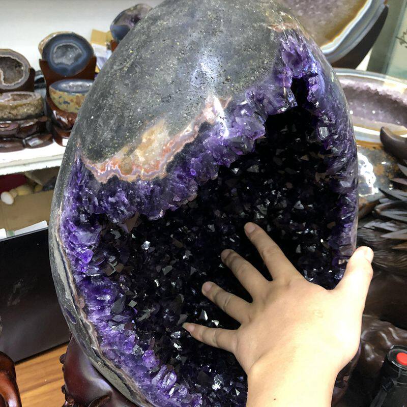 天然紫晶洞 恐龙蛋 钱袋子 开口笑 聚宝盆 水晶洞原石 紫晶洞摆件