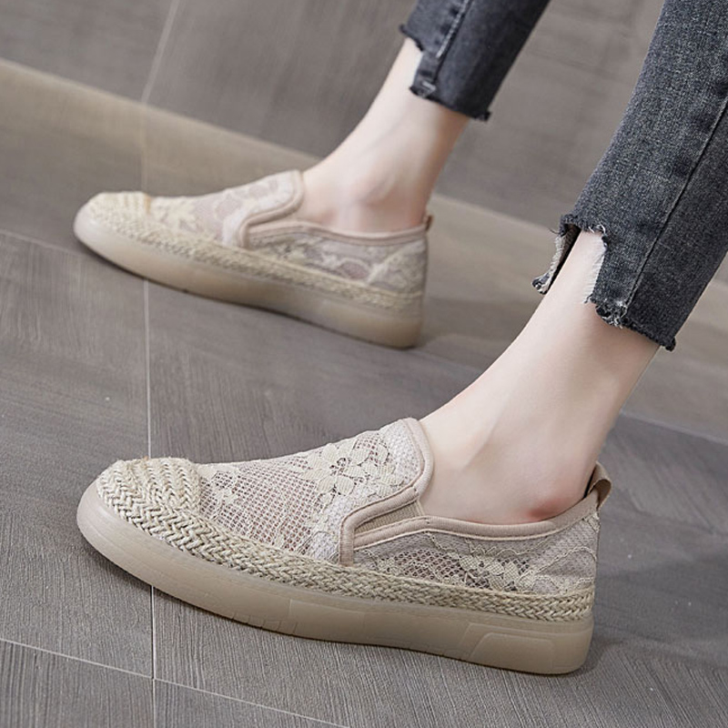 厚底渔夫鞋女鞋平底单鞋2022年新款懒人一脚蹬蕾丝夏季透气乐福鞋