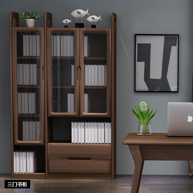 全实木书柜三门四门组合式玻璃门多层家用办公室放书架置物柜