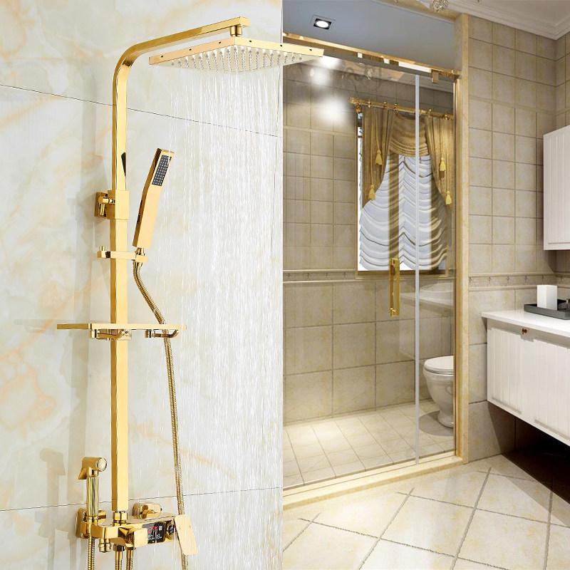 全铜卫生间智能数显花洒金色淋浴喷头套装浴室淋浴器冷热水家用