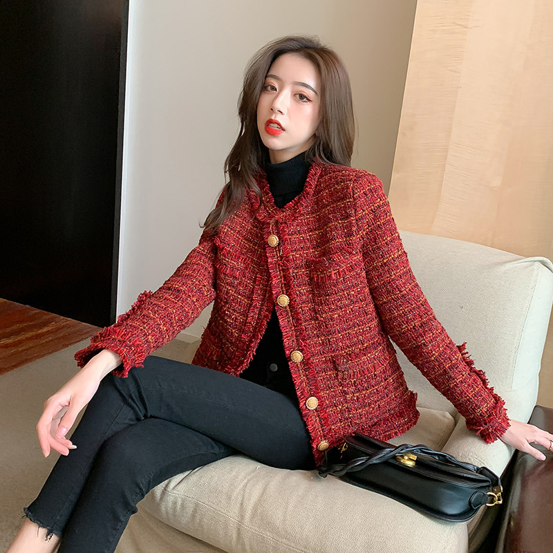 名媛气质小香风2022早春欧货洋气酒红色粗花呢夹棉保暖外套上衣潮
