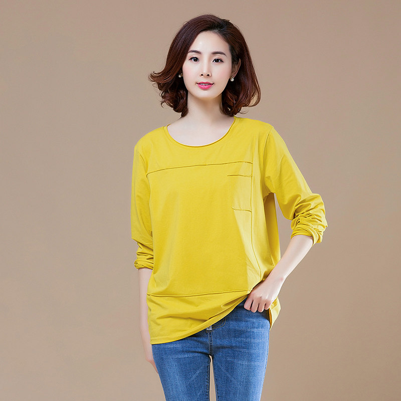 春秋加肥加大码女装宽松全棉t恤女长袖纯色打底衫中长款圆领体恤