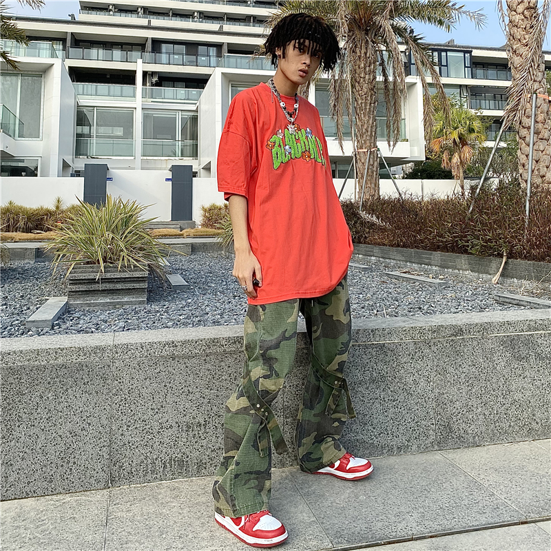 BTSG美式复古街头植绒刺绣字母短袖国潮嘻哈百搭情侣宽松T恤上衣