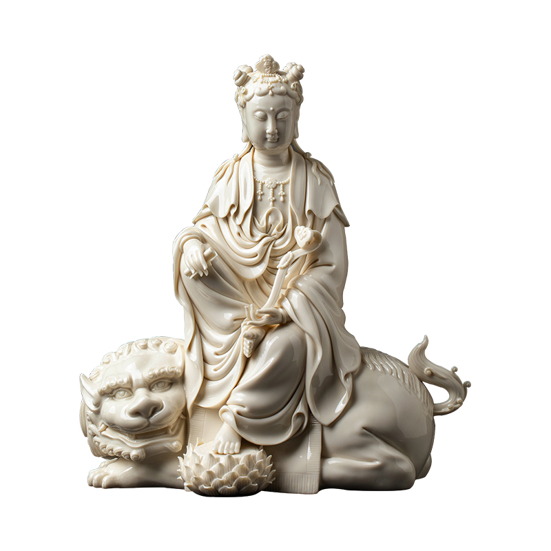 七珍佛像金田像周童子五髻文陶瓷仿古菩萨文殊摆件