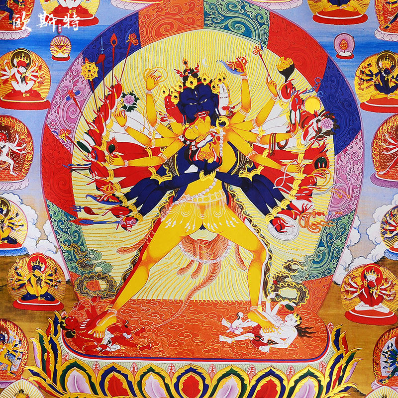 欧斯特西藏镀金烫金时轮金刚唐卡居家供奉画像现代装饰画