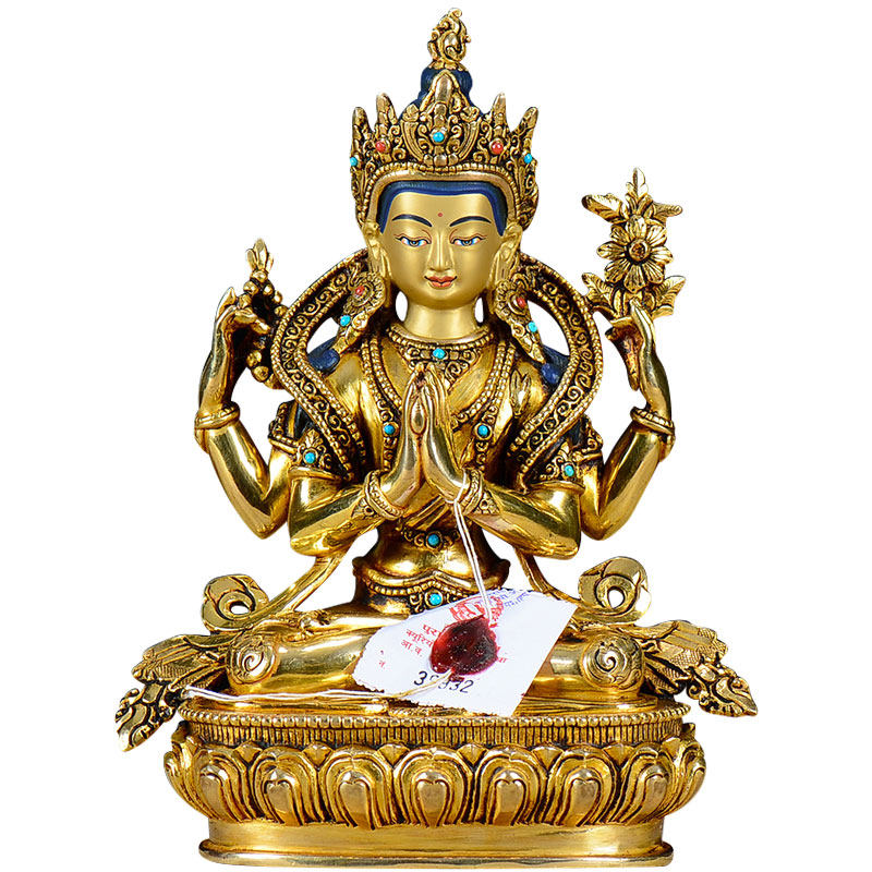 观音欧斯特纯铜四臂佛像摆件藏传佛教家居供奉全鎏摆件