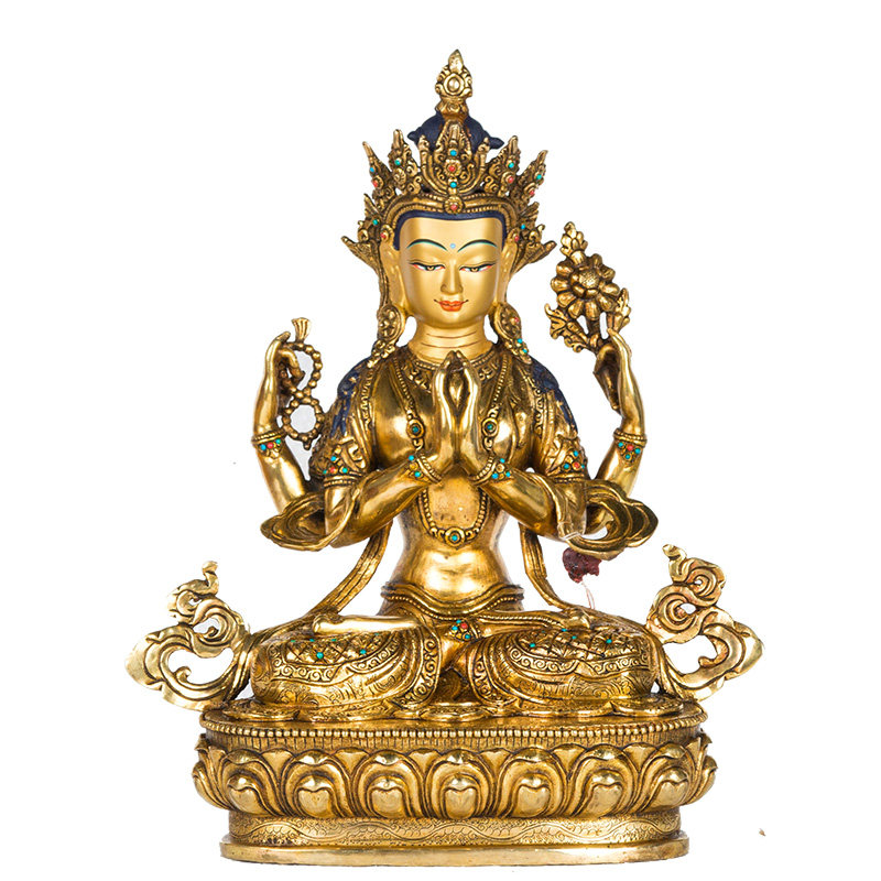 欧斯特四臂观音佛像尼泊尔手工艺品镀金镶宝石10寸佛堂摆件