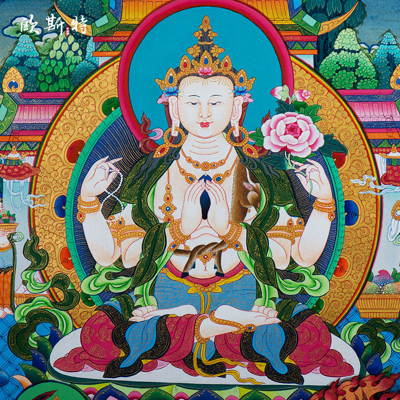 唐卡尼泊尔手绘藏式装饰画壁画矿物颜料挂画四臂现代装饰画