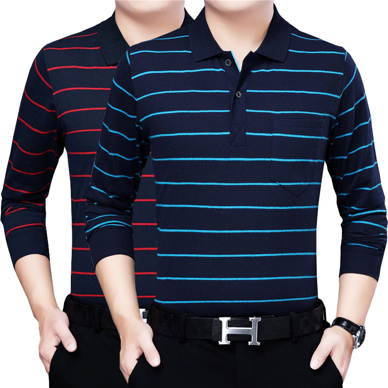 春夏季男士翻领纯棉长袖t恤有口袋上衣中老年条纹宽松大码爸爸装