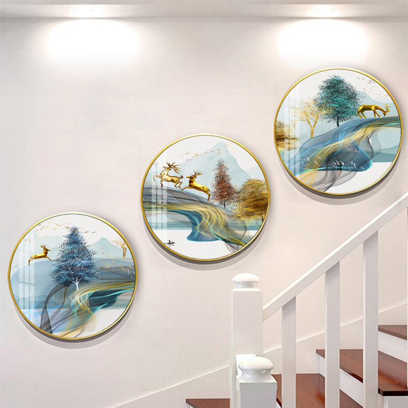现代轻奢圆形楼梯装饰画楼道三联挂画复式酒店现代装饰画