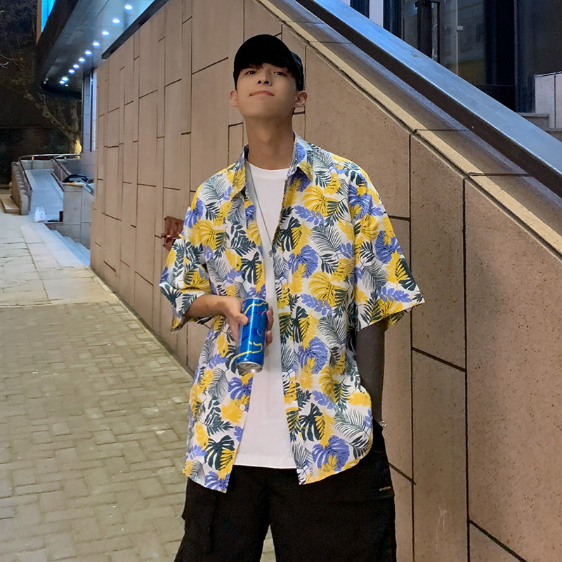 夏季沙滩短袖花衬衫男宽松港风ins潮牌上衣情侣海边夏威夷风衬衣