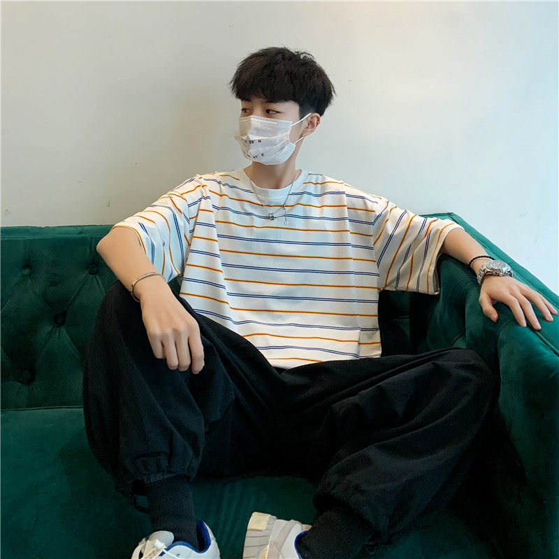 ins五分帅气网红男生半袖5分超火条纹韩版t恤