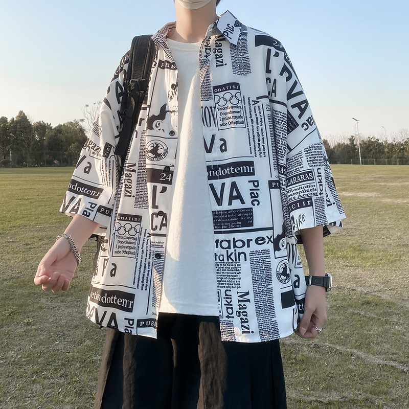 痞帅衬衫男ins潮设计感小众夏季外套潮牌冰丝港风日系短袖花衬衣