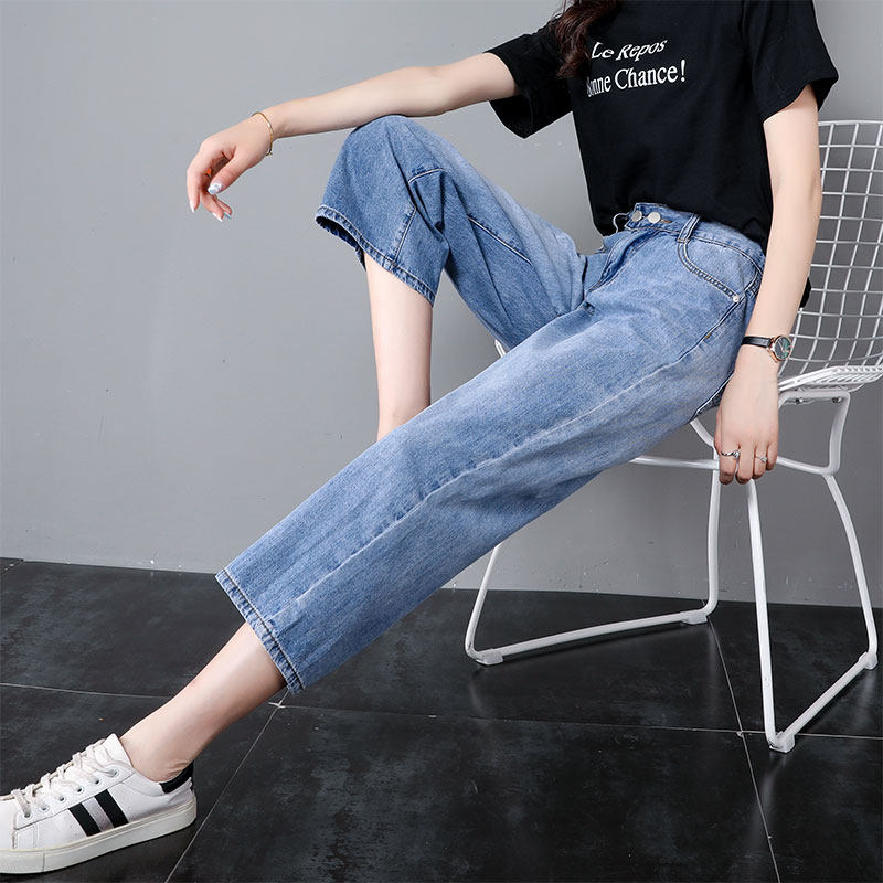松紧腰牛仔裤女宽松2019夏季高腰八分阔腿裤超薄款韩版直筒七分裤