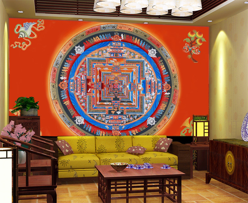 藏式壁纸背景墙壁画吉祥八宝天花板顶子装饰墙纸坛城民族特色墙布