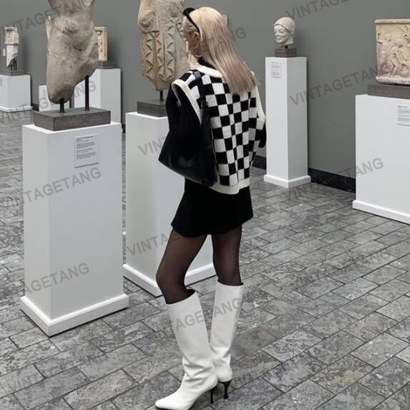 vintagetang美式复古黑白黑白棋棋盘格短款领针针织马甲毛针织衫