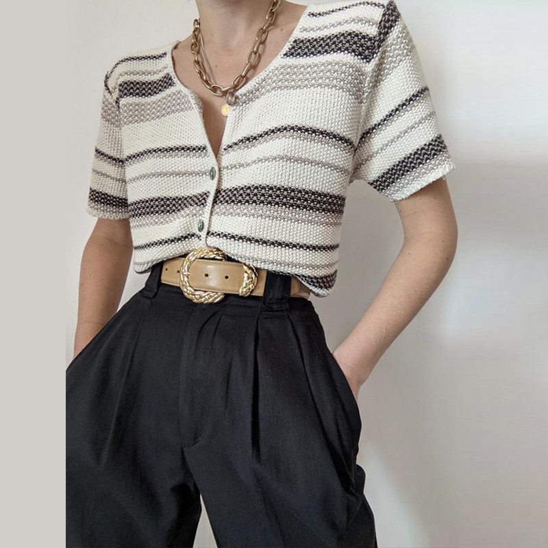 vintagetang美式复古古米白色条纹短袖恤潮ins女夏t恤