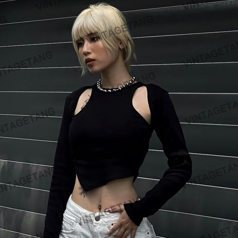 vintagetang欧美辣妹黑色镂空设计感挖修身短款上衣t恤