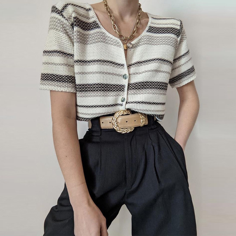 vintagetang美式复古古米白色条纹短袖恤潮ins女夏t恤