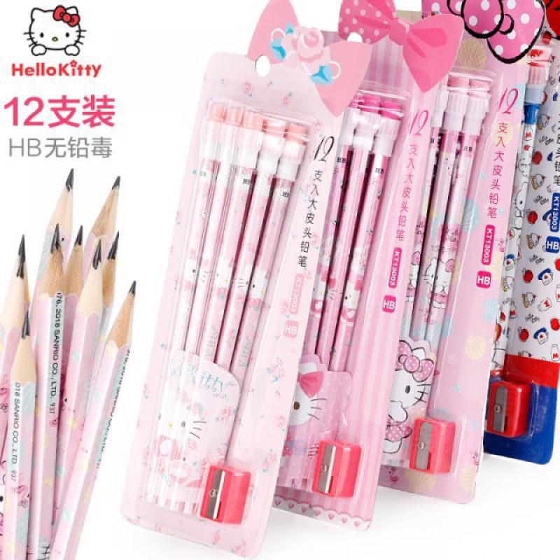 HELLO KITTY/凯蒂猫铅笔小学生女童12支装文具用品HB带橡皮头写字