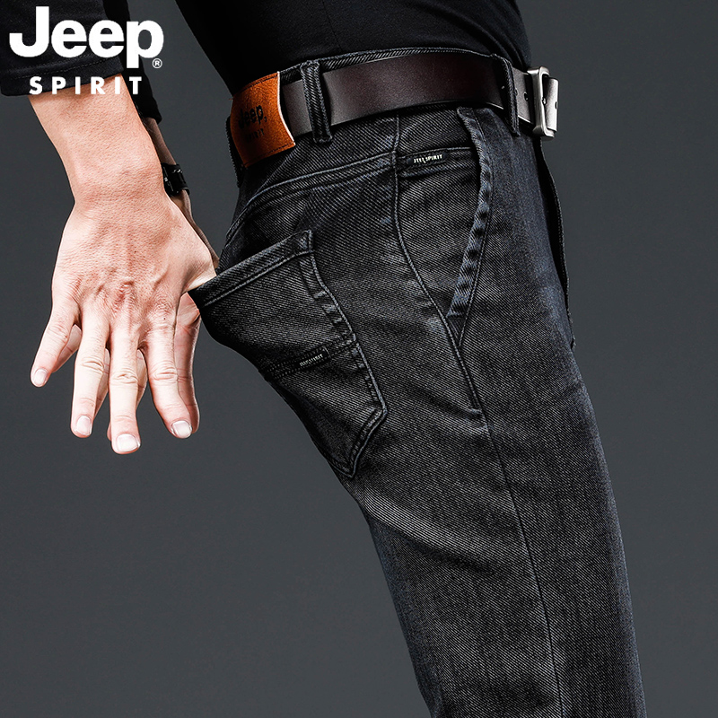 JEEP吉普黑色牛仔裤子男士春秋中青年直筒宽松夏季薄款休闲长裤潮
